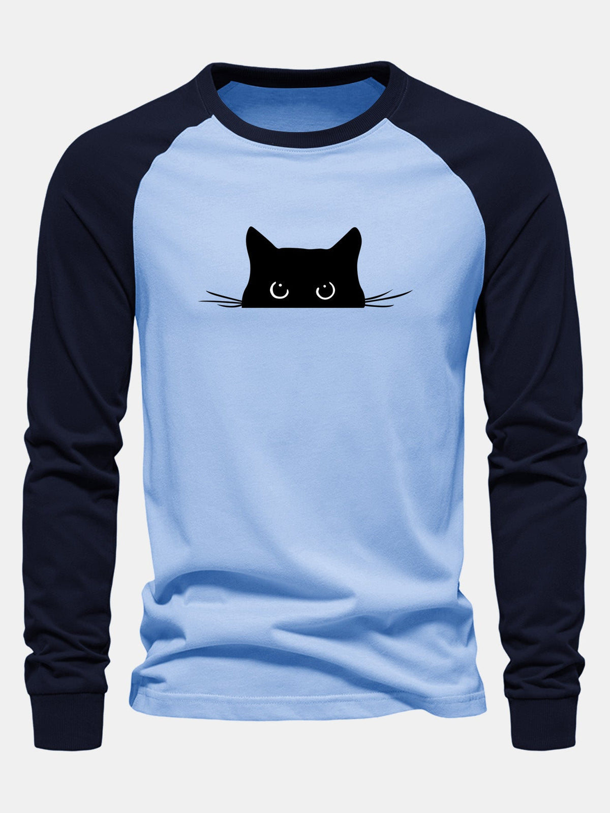 Black Cat Print Raglan Long Sleeve Cotton T-Shirt
