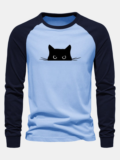 Black Cat Print Raglan Long Sleeve Cotton T-Shirt