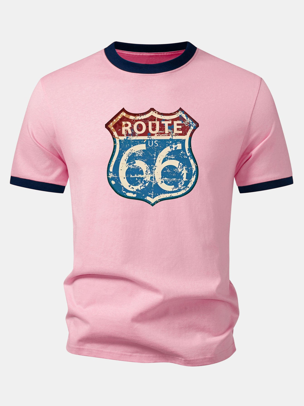 Camiseta Vintage com Estampa da Rota 66 dos EUA e Detalhe Contrastante no Gola e Mangas