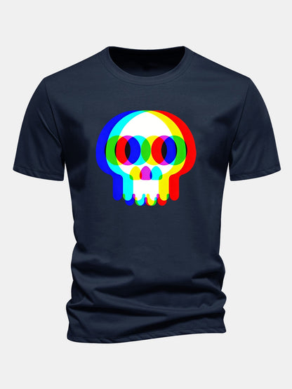 Glitch Skull Print Cotton T-Shirt