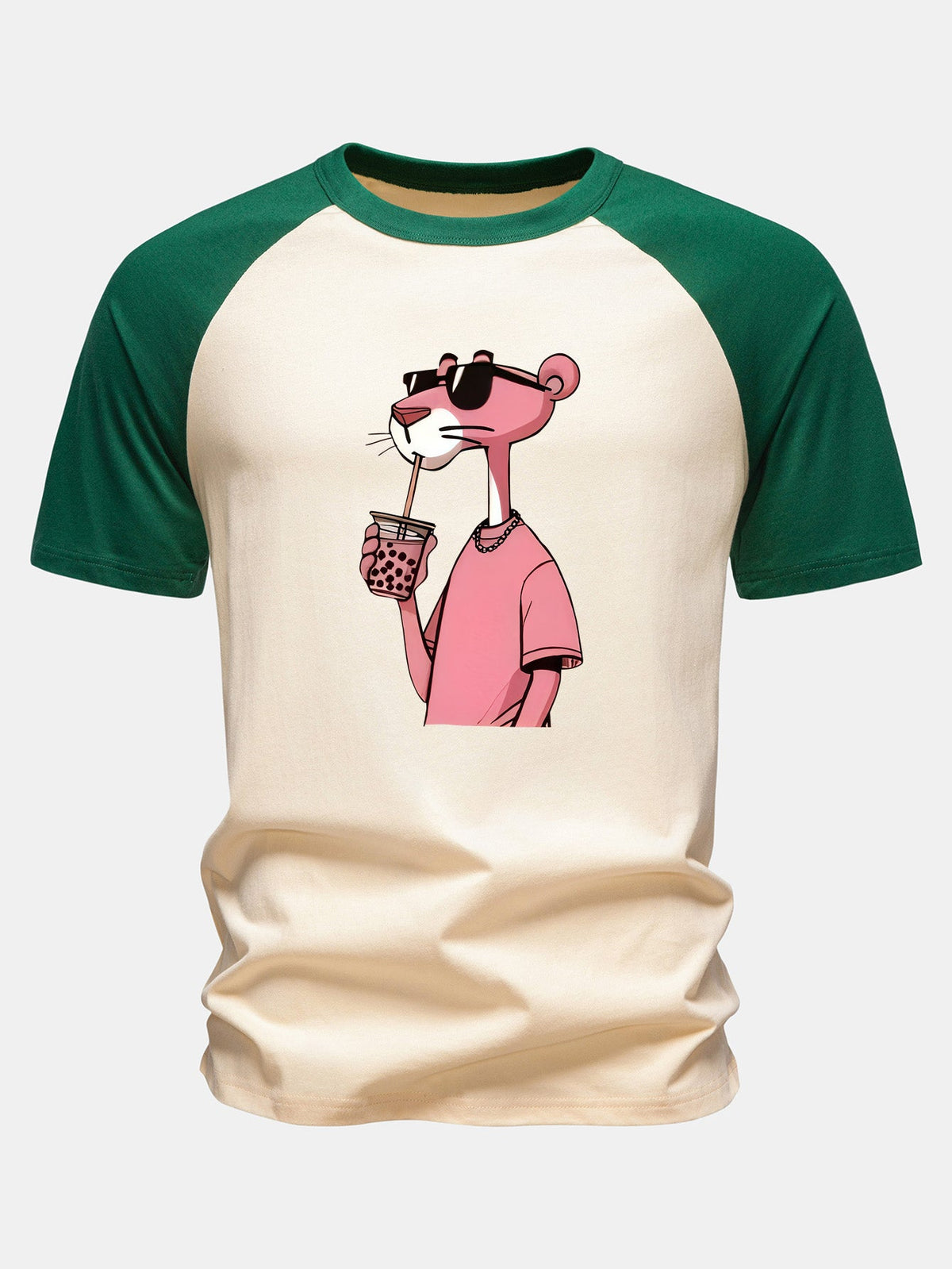 Camiseta de Algodão com Estampa da Pantera Cor-de-Rosa e Mangas Raglan