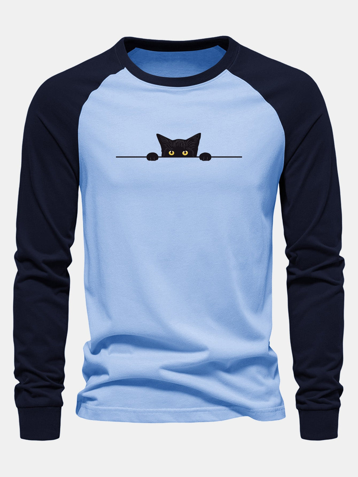 Black Cat Print Raglan Long Sleeve Cotton T-Shirt