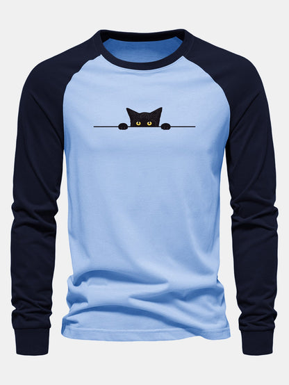 Black Cat Print Raglan Long Sleeve Cotton T-Shirt