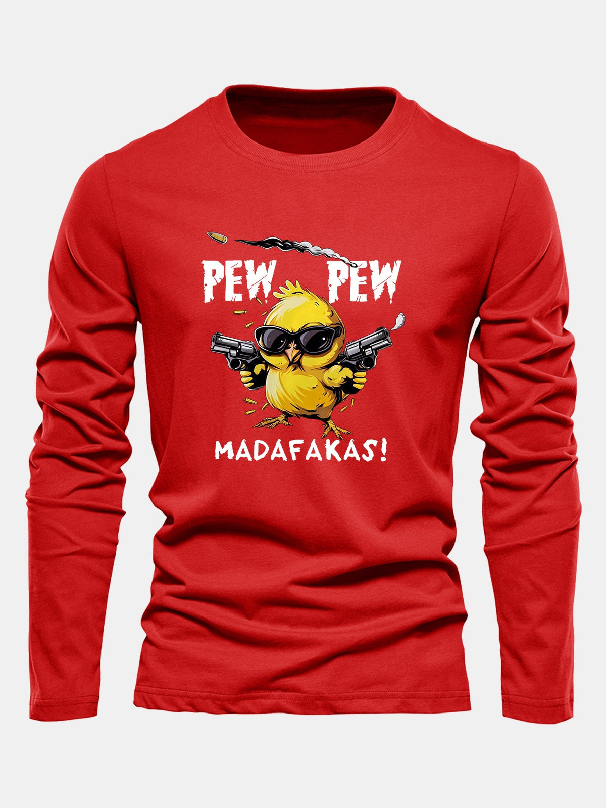 "Pew Pew" Chicken Print Long Sleeve Cotton T-Shirt