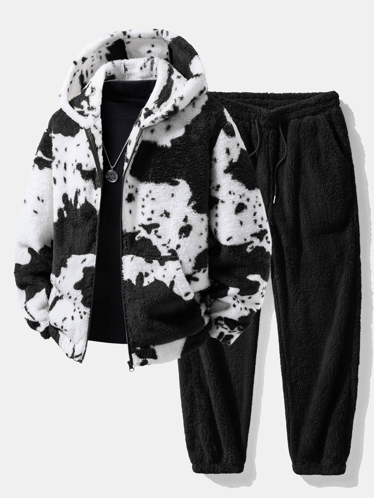 Cow Print Teddy Zip Hooded Jacket & Joggers Set