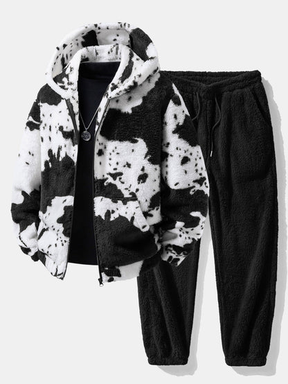 Cow Print Teddy Zip Hooded Jacket & Joggers Set