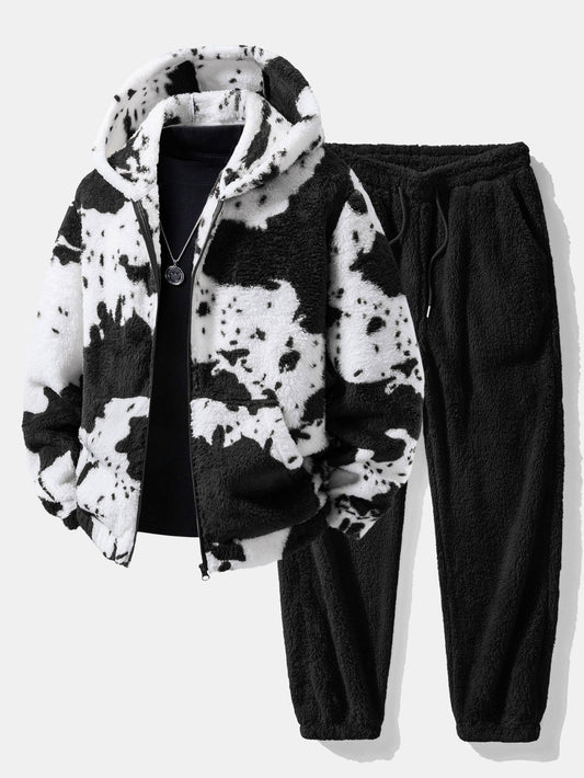 Cow Print Teddy Zip Hooded Jacket & Joggers Set