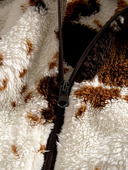 Cow Print Teddy Fleece Zip Hooded Jacket