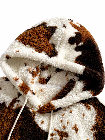 Cow Print Teddy Fleece Hoodie