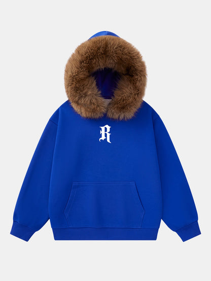 Letter R Print Faux Fur Trim Hoodie