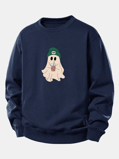 Moletom de corte confortável com estampa de fantasma fofo tomando café