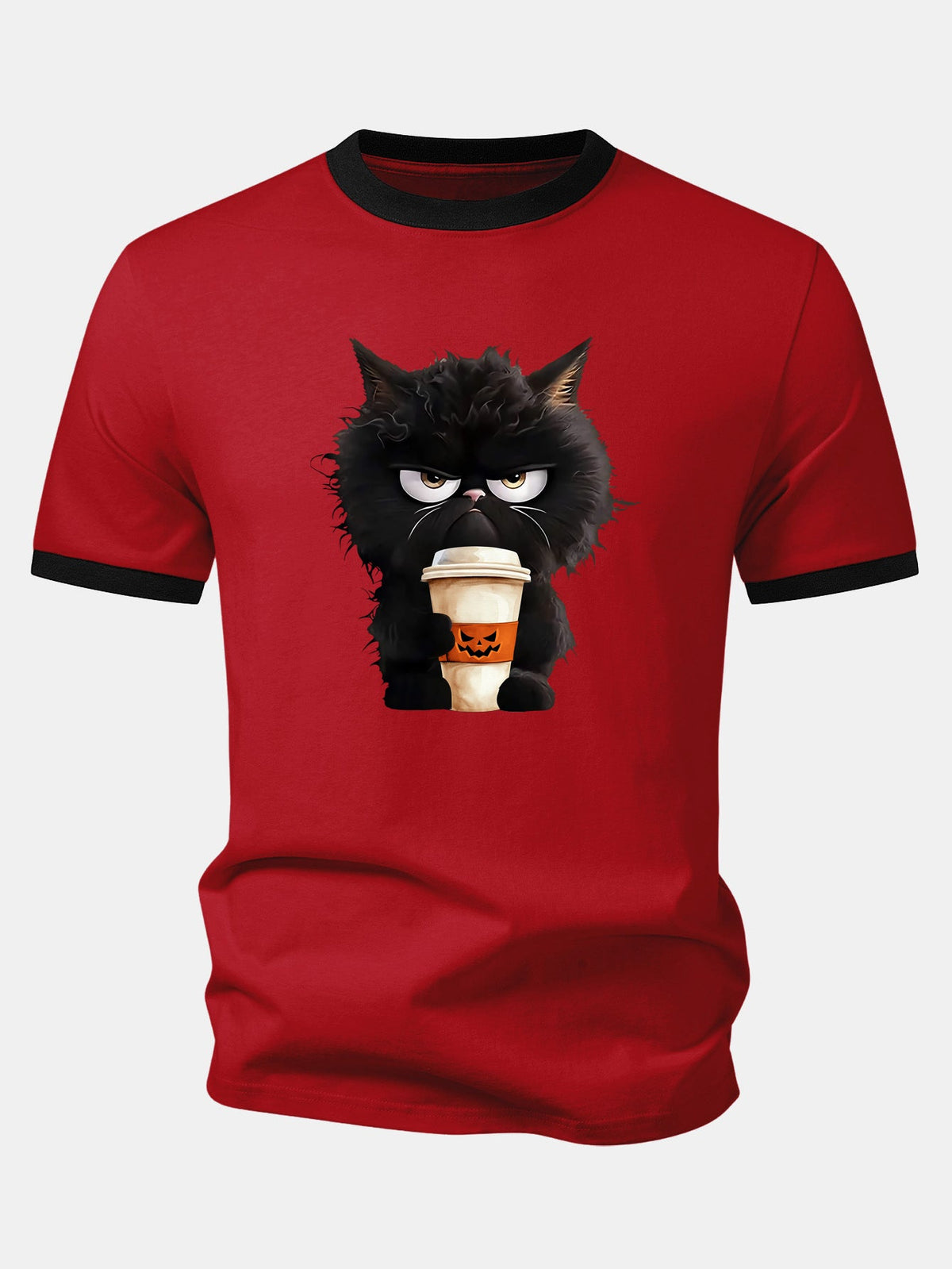 Camiseta Ringer Contrastante com Estampa de Gato Preto, Café e Halloween