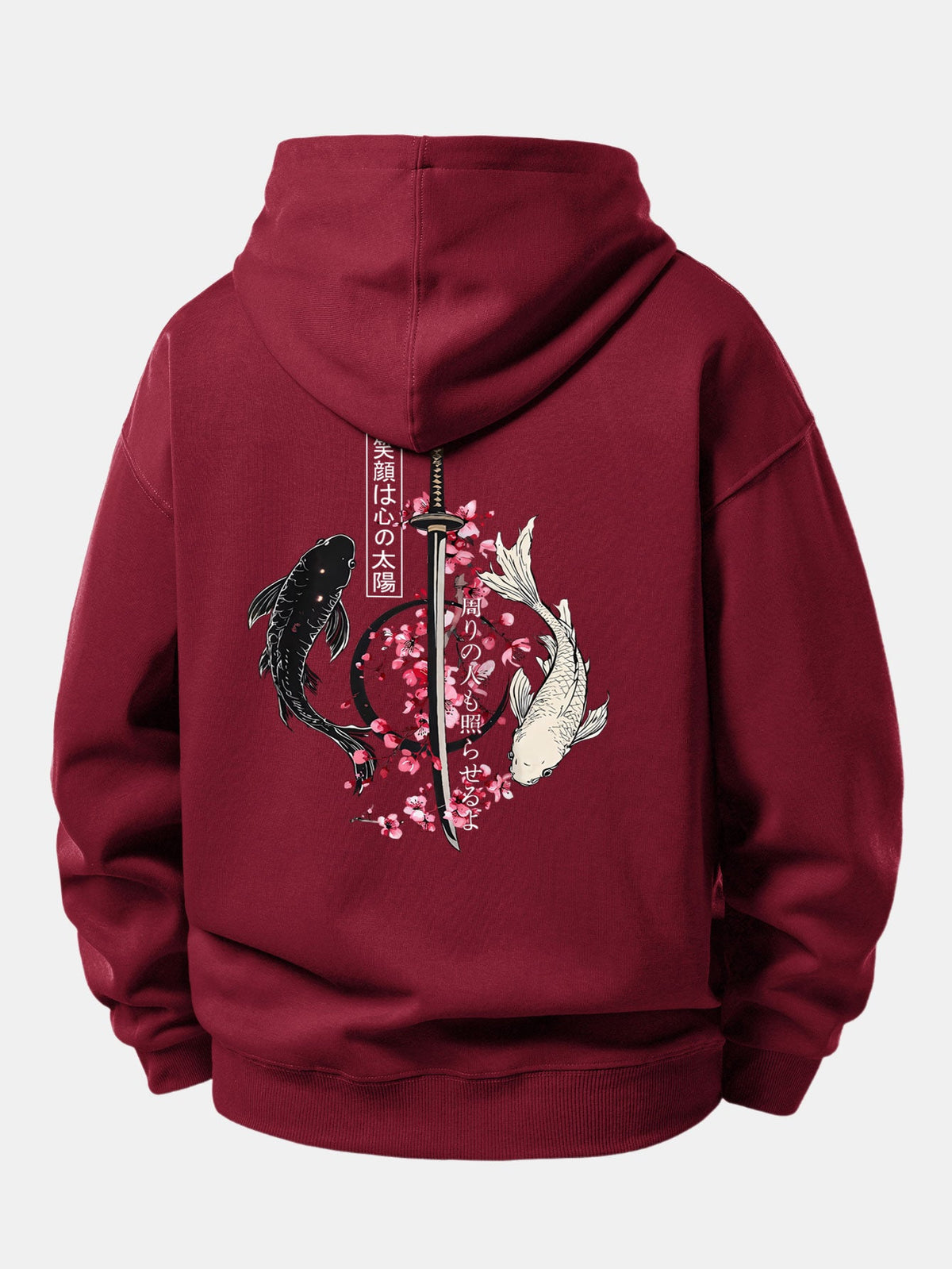 Moletom de caimento confortável com estampa de samurai japonês, katana, carpas koi e sakura