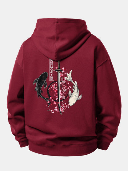 Moletom de caimento confortável com estampa de samurai japonês, katana, carpas koi e sakura