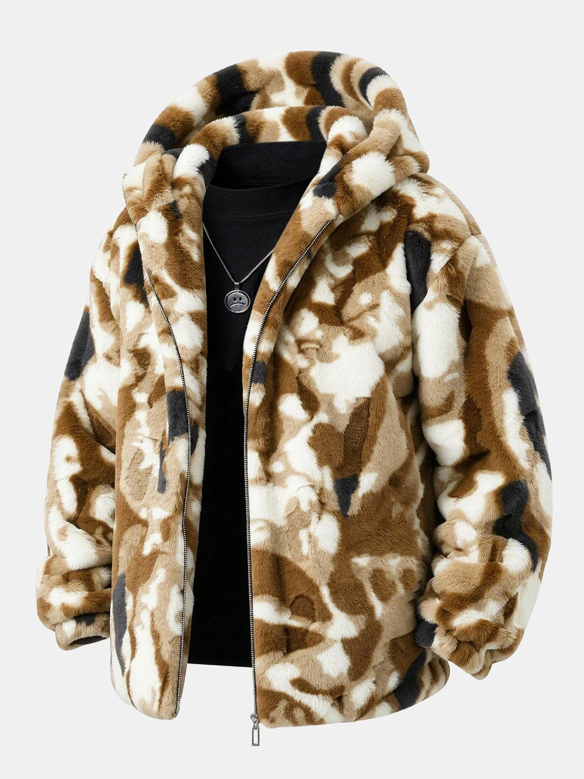 Camo Faux Fur Hooded Zip Jacket