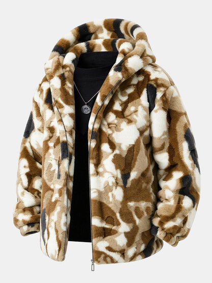 Camo Faux Fur Hooded Zip Jacket