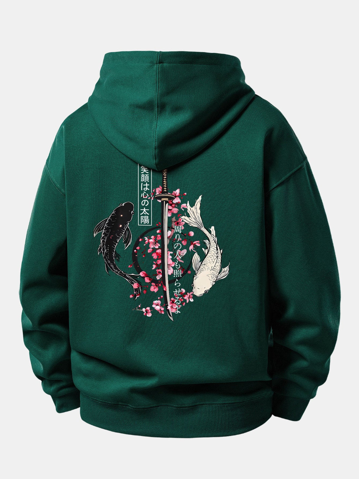 Moletom de caimento confortável com estampa de samurai japonês, katana, carpas koi e sakura