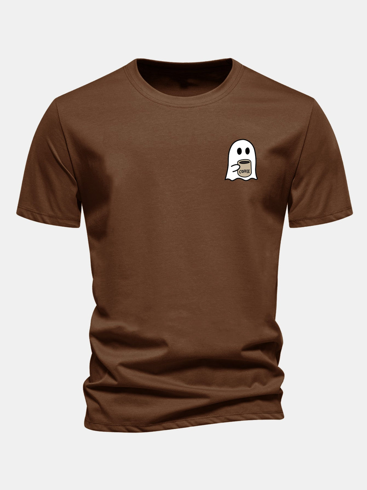 Camiseta de algodão com estampa de fantasma tomando café e caimento regular