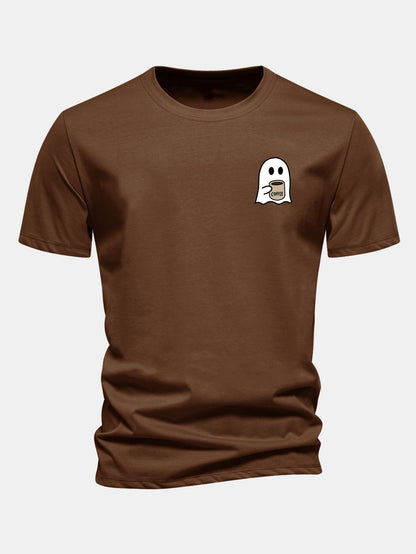 Camiseta de algodão com estampa de fantasma tomando café e caimento regular