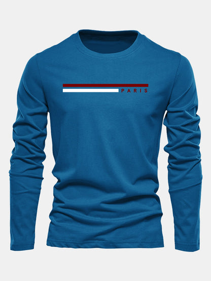 Camiseta de algodão com mangas longas, listras e estampa de Paris