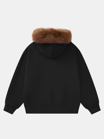 Letter R Print Faux Fur Trim Hoodie