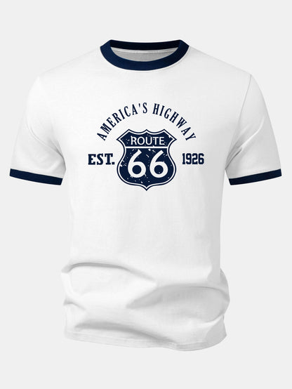 Camiseta Vintage Route 66 America's Highway com Estampa e Detalhe Contrastante
