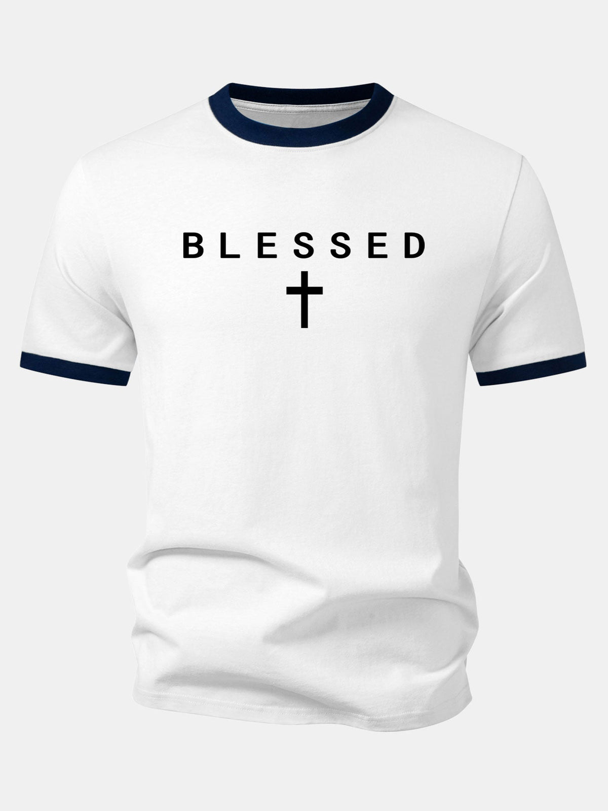 Blessed Cross Print Contrast Collar T-Shirt