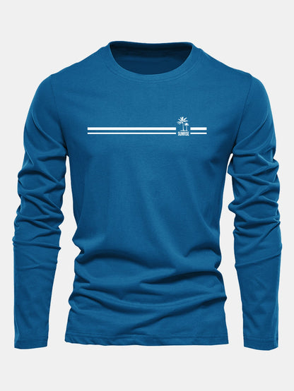 Camiseta de algodão com estampa listrada de palmeiras e mangas longas