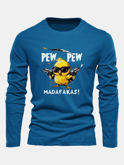 "Pew Pew" Chicken Print Long Sleeve Cotton T-Shirt