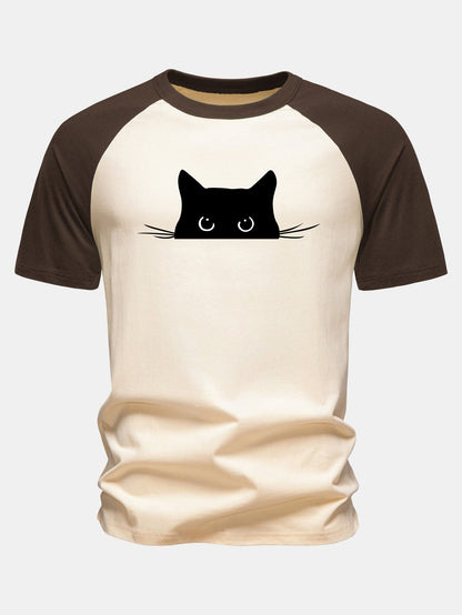 Camiseta de algodão com mangas raglã e estampa de gato preto
