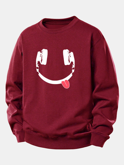 Moletom de caimento confortável com estampa de carinha sorridente usando fones de ouvido