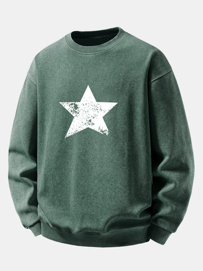 Star Print Washed Distressed Relaxed Sweatshirt