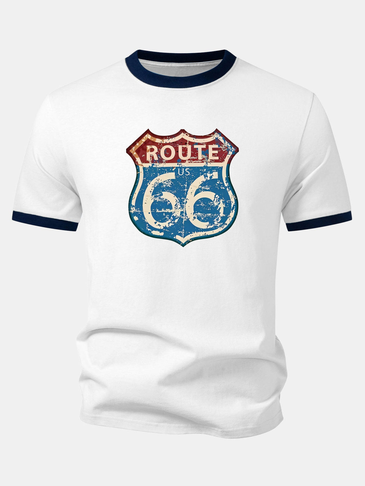 Camiseta Vintage com Estampa da Rota 66 dos EUA e Detalhe Contrastante no Gola e Mangas