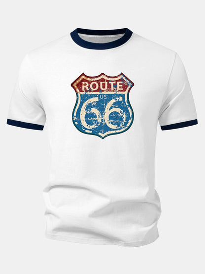 Camiseta Vintage com Estampa da Rota 66 dos EUA e Detalhe Contrastante no Gola e Mangas
