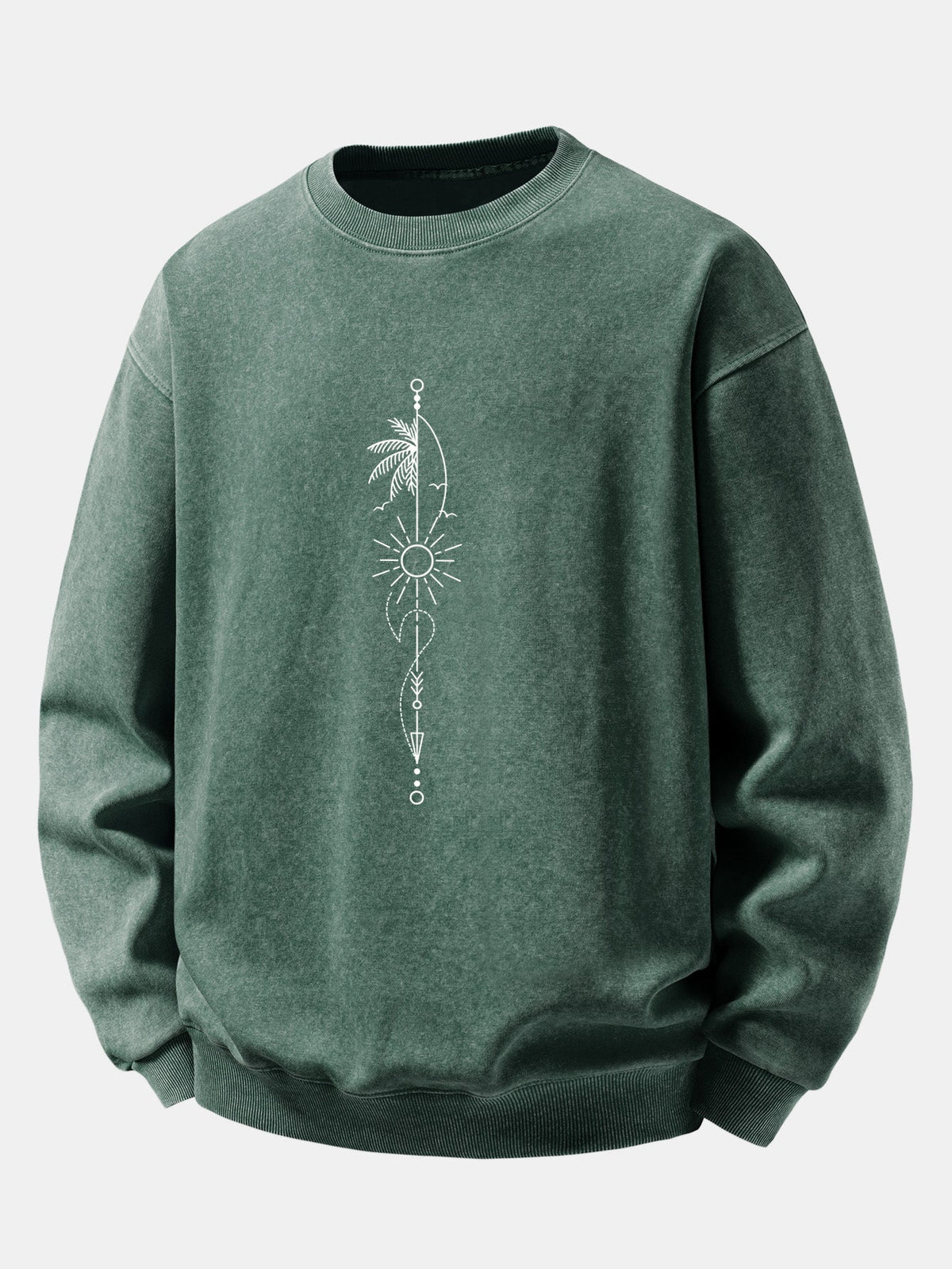 Sun, Palm & Arrow Print Washed Distressed Sweatshirt