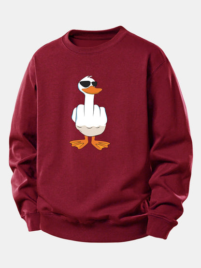 Moletom de Corte Relaxado com Estampa Engraçada de Pato Mostrando o Dedo Médio