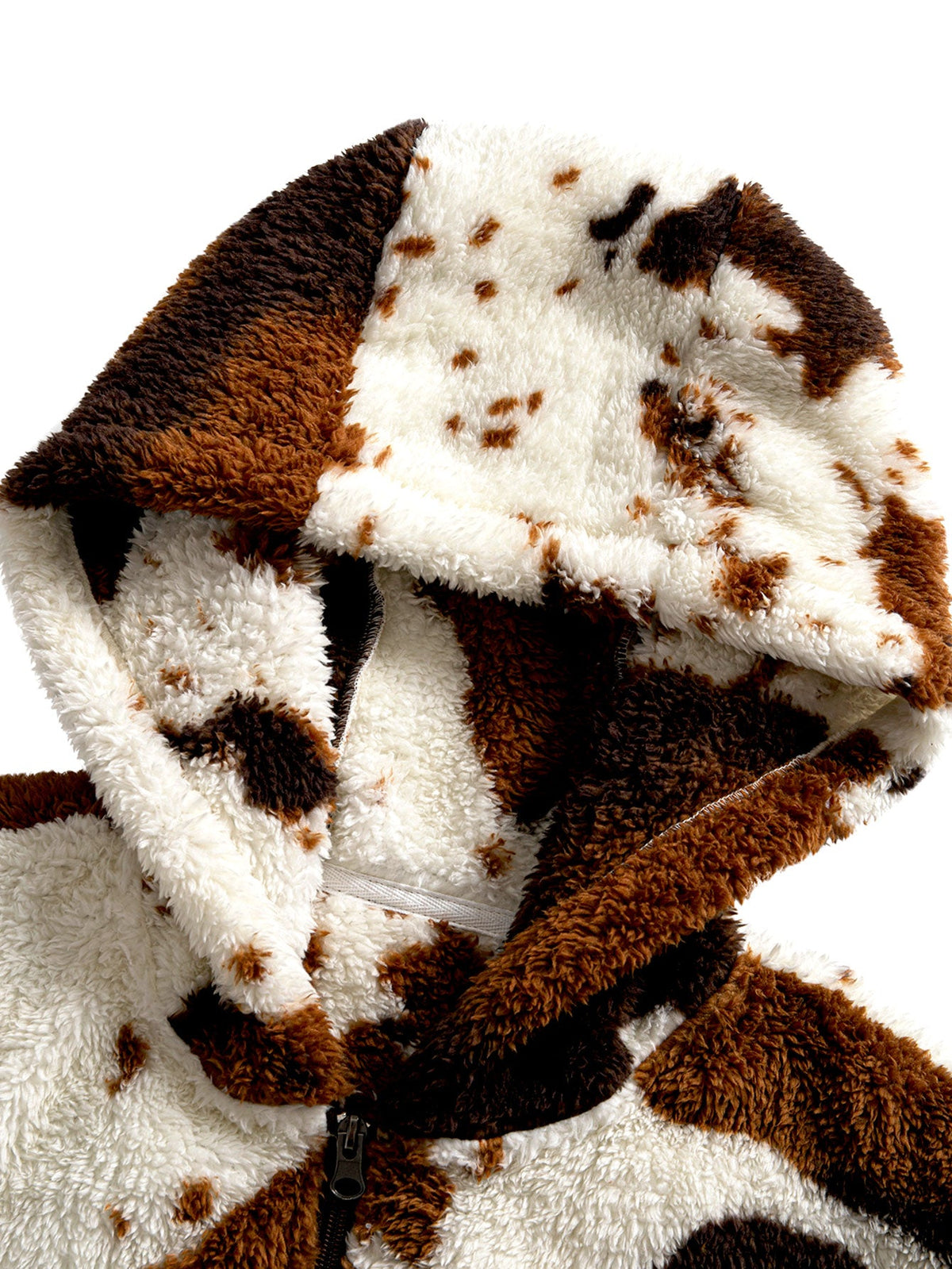 Cow Print Teddy Fleece Zip Hooded Jacket