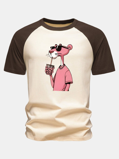 Camiseta de Algodão com Estampa da Pantera Cor-de-Rosa e Mangas Raglan