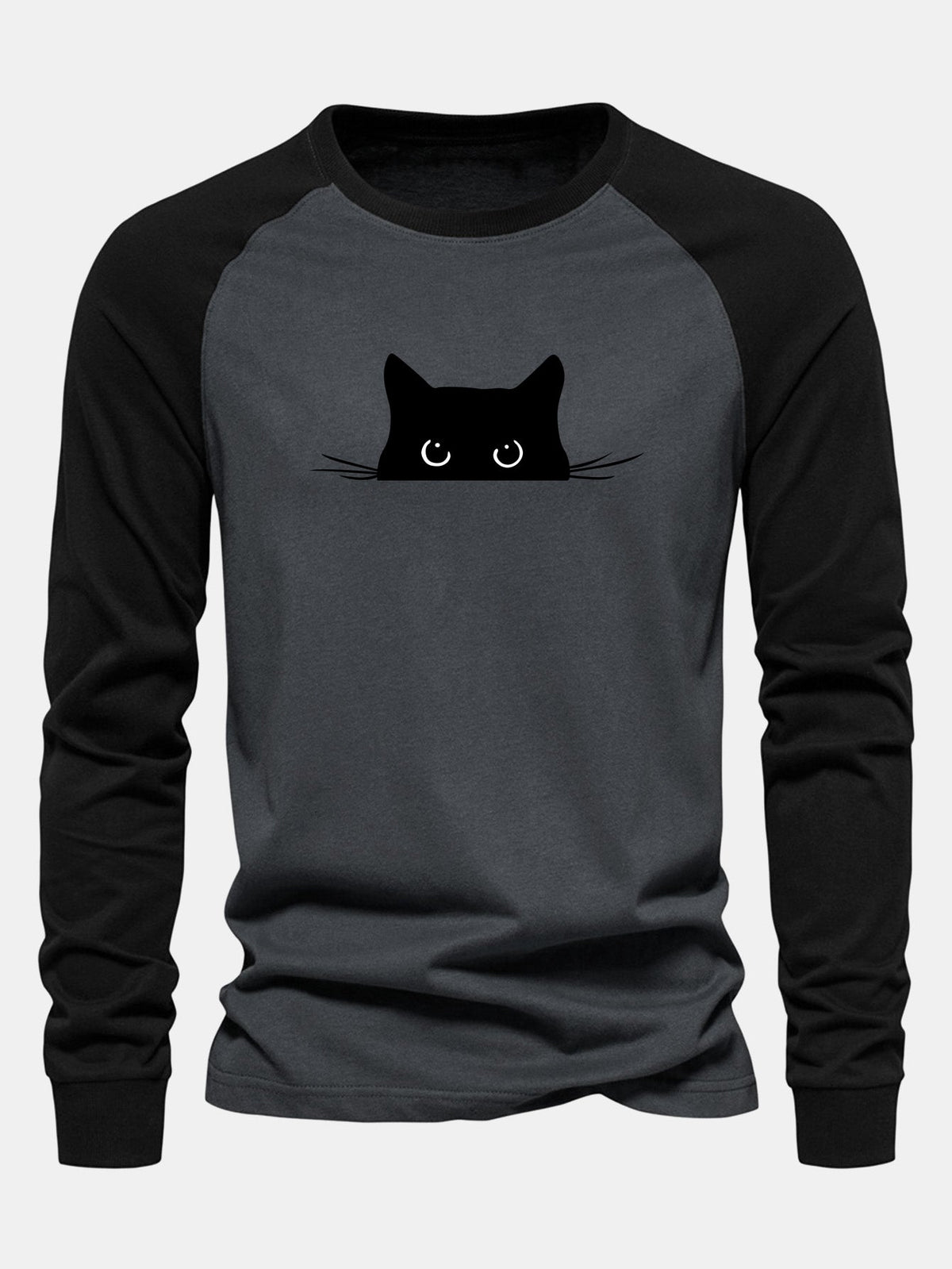 Black Cat Print Raglan Long Sleeve Cotton T-Shirt
