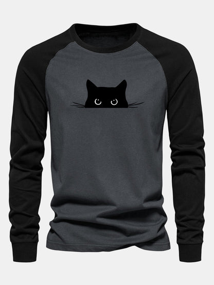 Black Cat Print Raglan Long Sleeve Cotton T-Shirt
