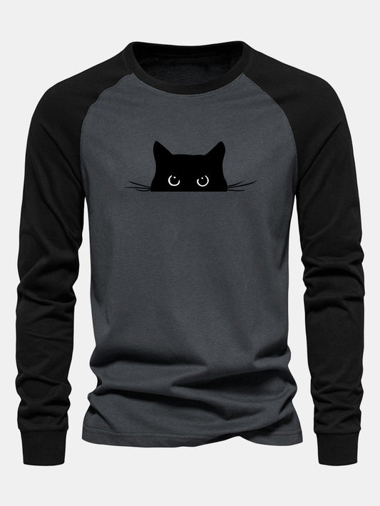 Black Cat Print Raglan Long Sleeve Cotton T-Shirt