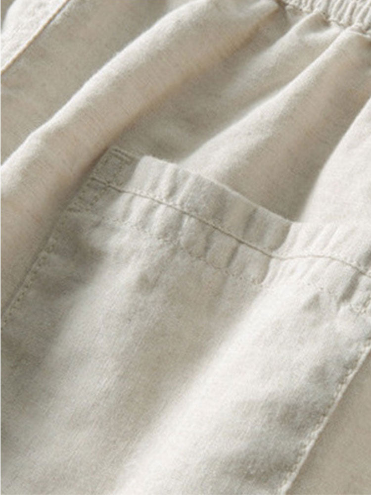 Camisa com capuz de manga longa com aparência de linho e calça de linho de perna reta