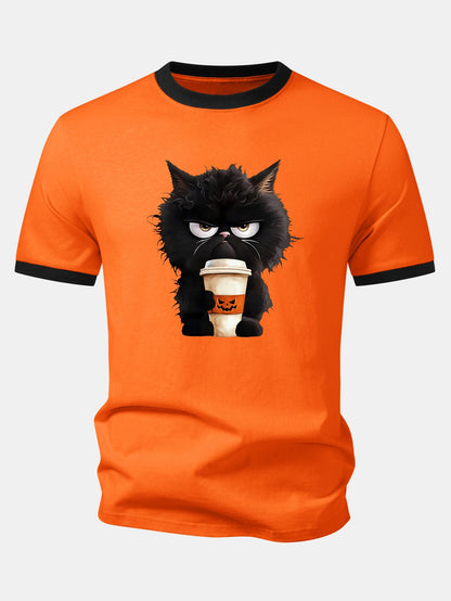 Camiseta Ringer Contrastante com Estampa de Gato Preto, Café e Halloween