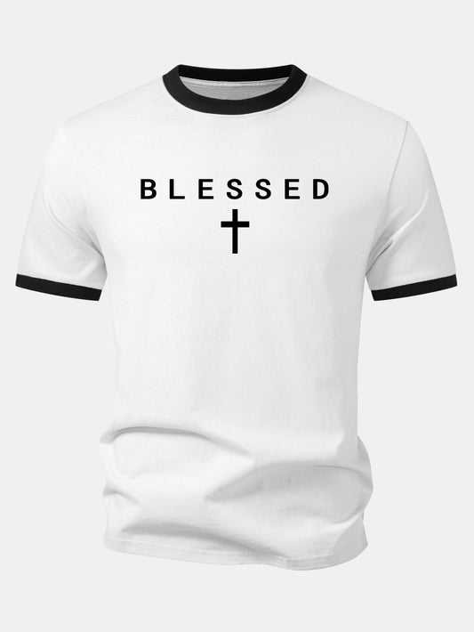 Blessed Cross Print Contrast Collar T-Shirt