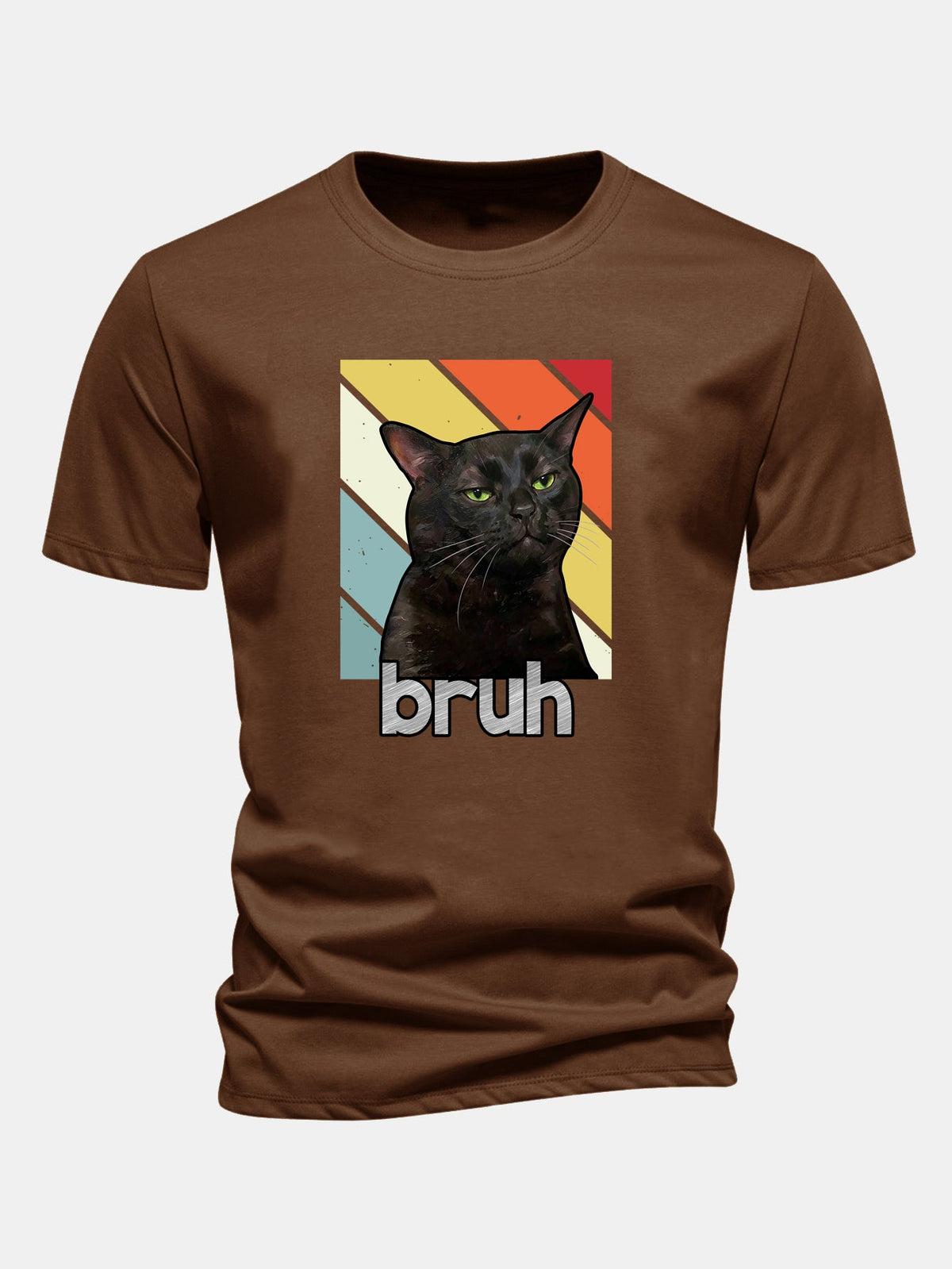 Camiseta de algodão preta com estampa de gato, corte regular, Bruh