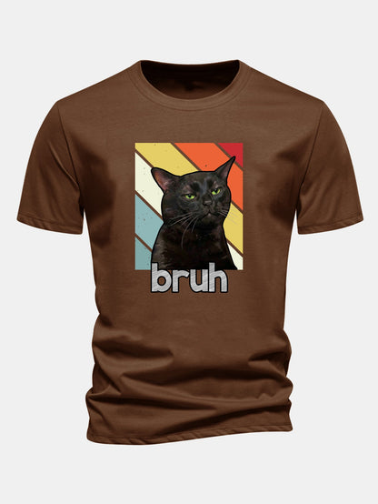 Camiseta de algodão preta com estampa de gato, corte regular, Bruh
