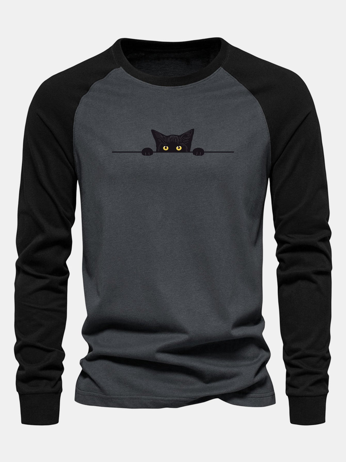 Black Cat Print Raglan Long Sleeve Cotton T-Shirt