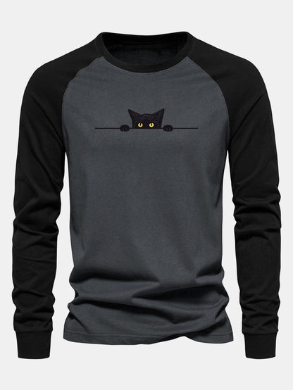 Black Cat Print Raglan Long Sleeve Cotton T-Shirt