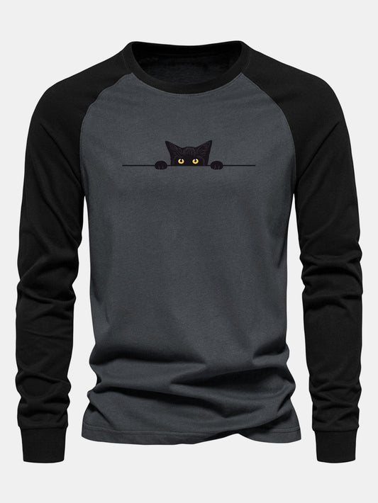 Black Cat Print Raglan Long Sleeve Cotton T-Shirt