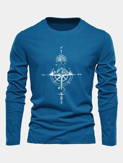 Compass & Mountain Print Long Sleeve Cotton T-Shirt